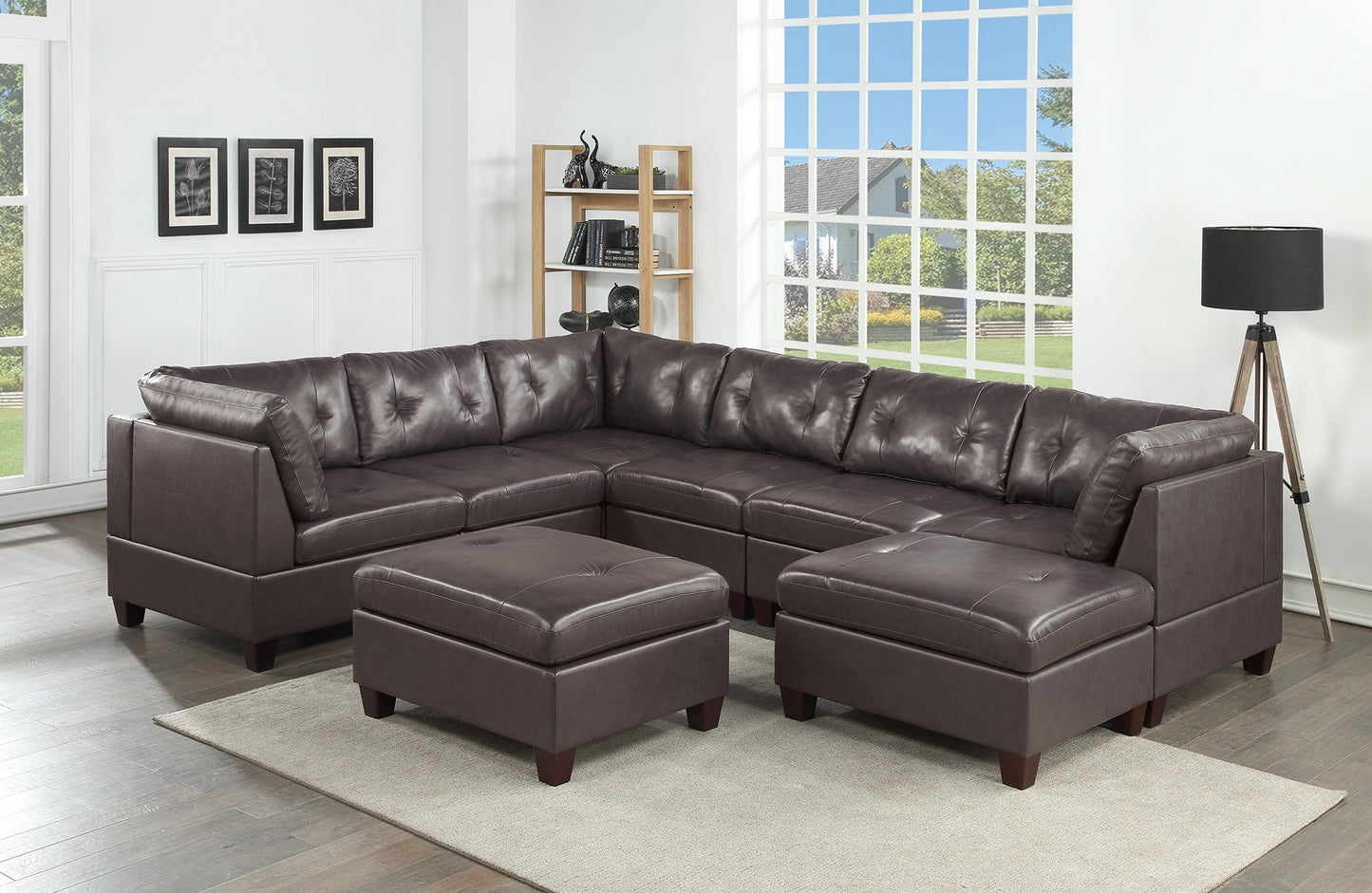 Contemporary Genuine Leather Dark Coffee Tufted 8pc Sectional Set 3x Corner Wedge 3x Armless Chair 2x Ottomans Living Room Furniture Sofa Couch