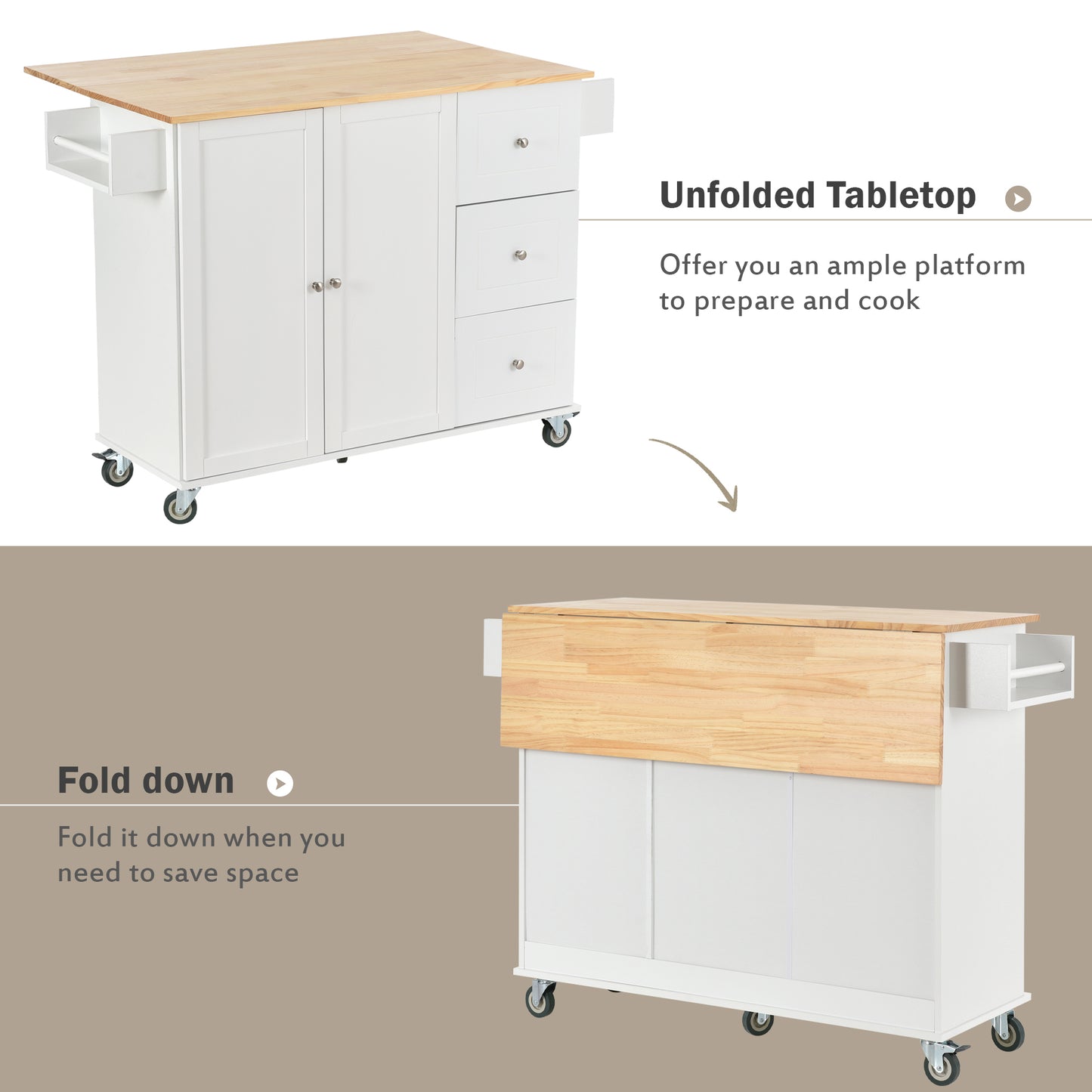 Rolling Mobile Kitchen Island with Solid Wood Top and Locking Wheels, 52.7 Inch Width, Storage Cabinet and Drop Leaf Breakfast Bar, Spice Rack, Towel Rack & Drawer (White)