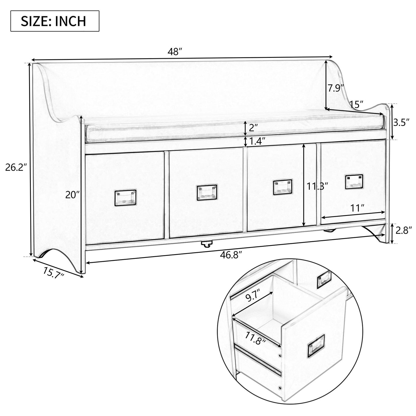 Movable Cushion Storage Bench with Drawers and Backrest for Entryway and Living Room (White)