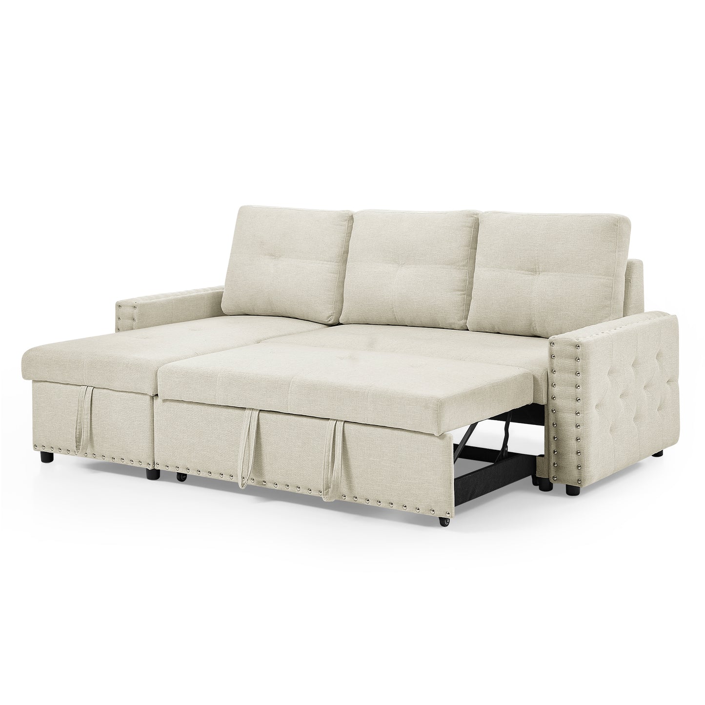 Sectional Sofa with Pulled Out Bed, 2 Seats Sofa and Reversible Chaise with Storage, Both Hands with Copper Nail, Beige, (85" x 56.5" x 35")