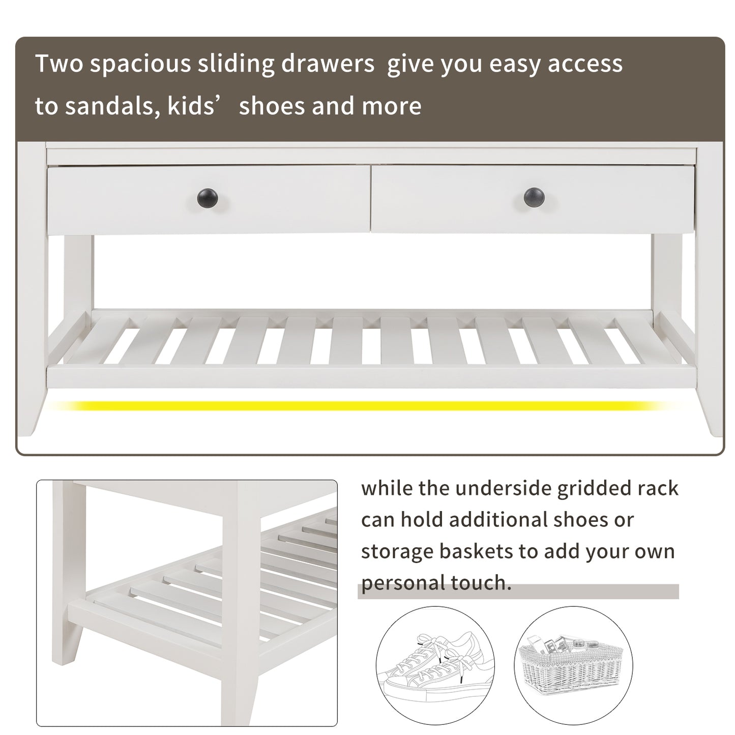 Shoe Rack with Cushioned Seat and Drawers, Multipurpose Entryway Storage Bench (White)