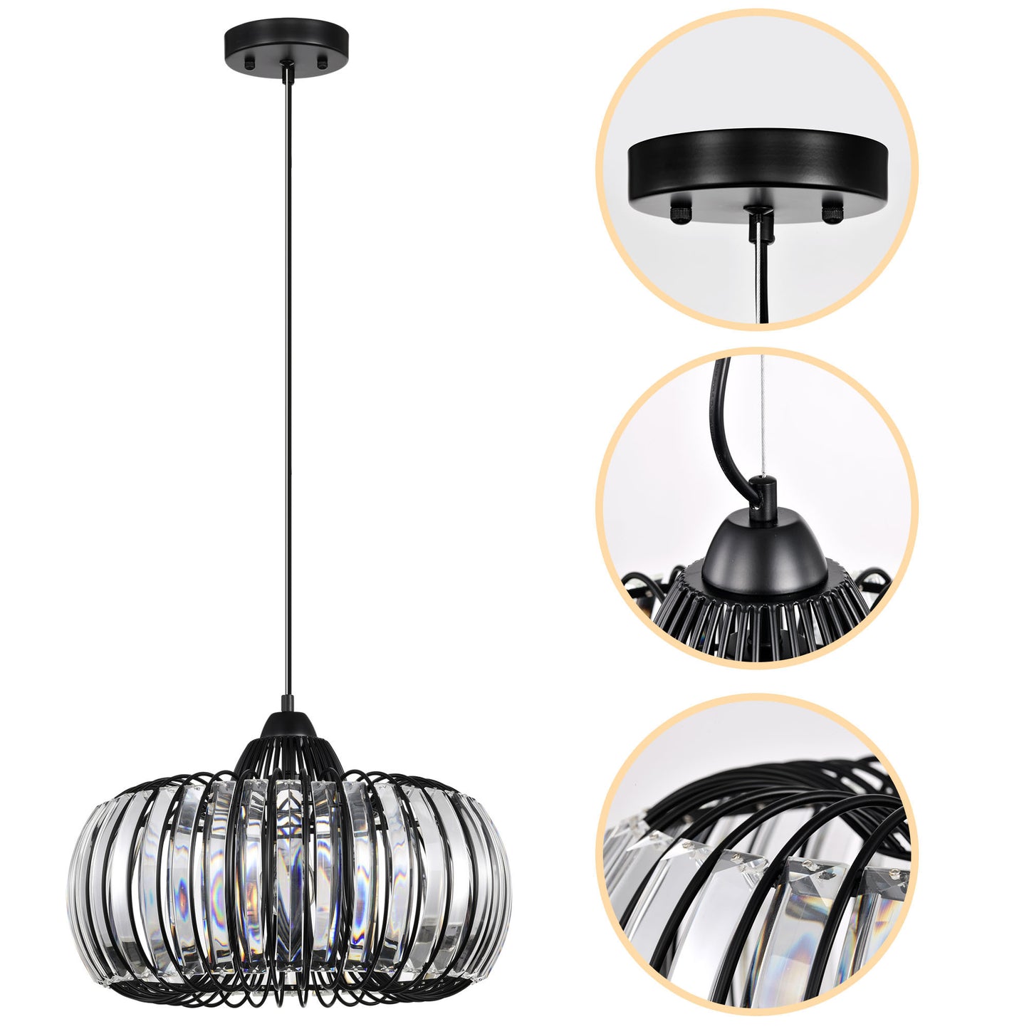 Modern Oblate Black Crystal Chandelier Fixture, Ceiling Pendant Light W16.5xL31.5