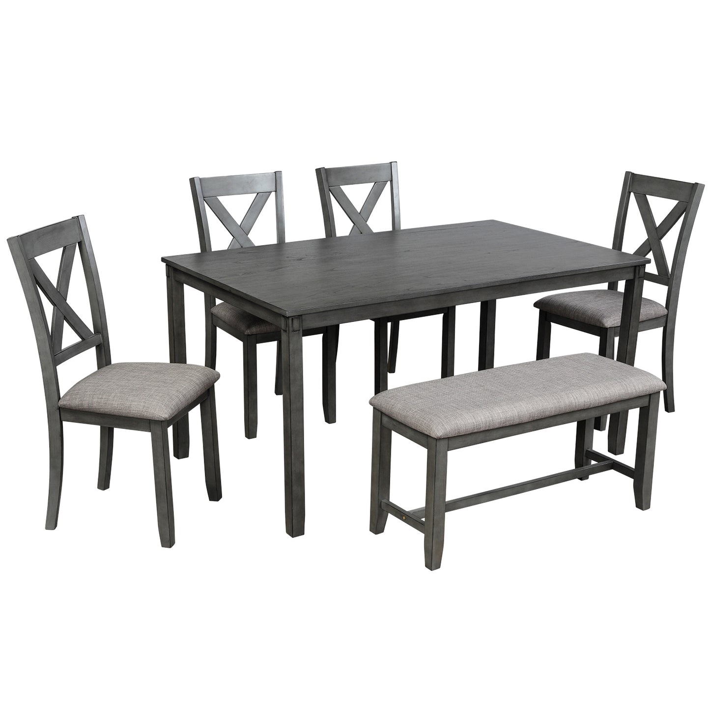 6-Piece Kitchen Dining Table Set Wooden Rectangular Dining Table, 4 Dining Chairs and Bench Family Furniture for 6 People (Grey)