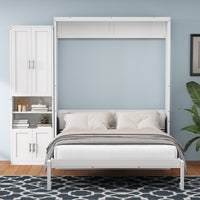 Queen Size Murphy Bed with 1 Side Cabinet Storage Shelf, 68-inch Cabinet Bed Folding Wall Bed with Desk Combo Perfect for Guest Room, Study, Office, Antique Grey White