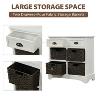 Rustic Storage Cabinet with Two Drawers and Four Classic Rattan Basket for Dining Room/Living Room (White)