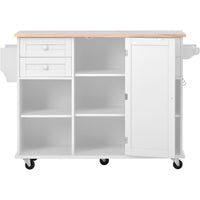 K&K kitchen island cart with Spice Rack, Towel Rack & Drawer, Rubber Wood Desktop, 5 Wheels Including 4 Lockable Wheels, 52.8inch Width (White)