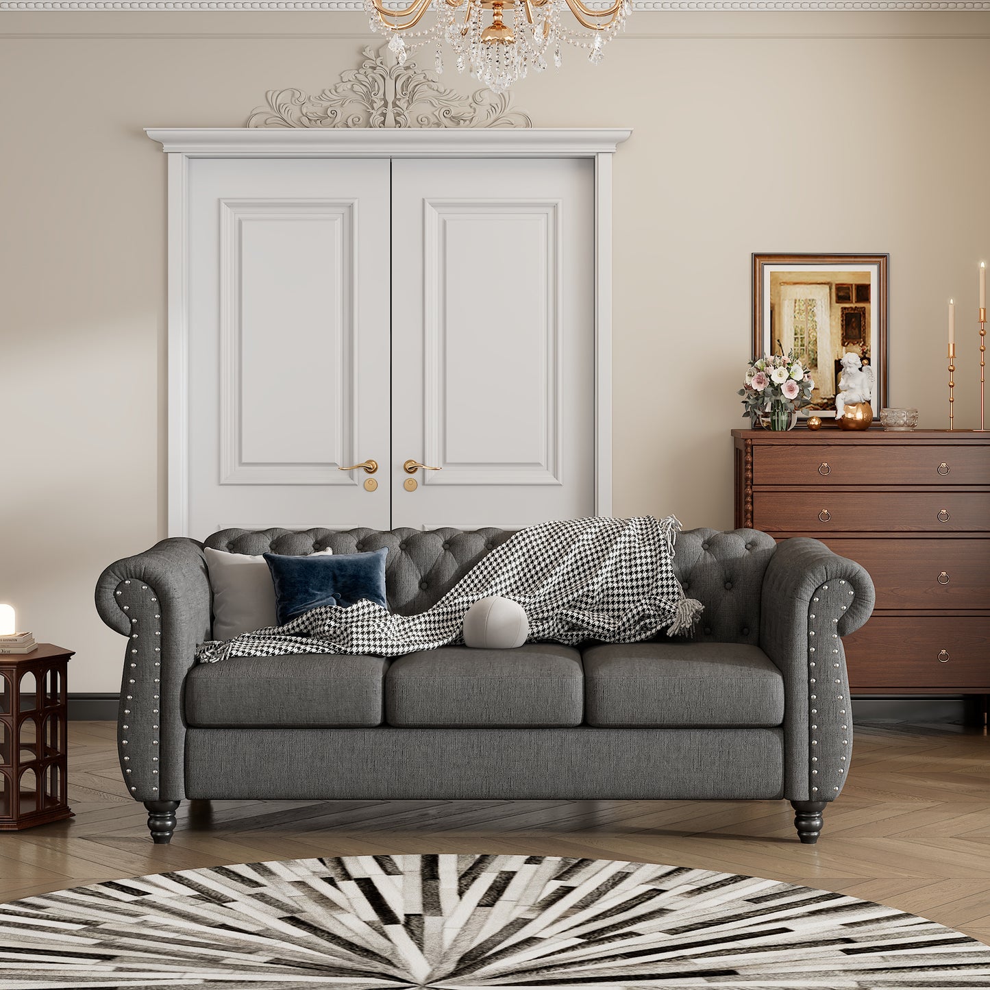 82" modern sofa Dutch plush upholstered sofa, solid wood legs, buttoned tufted backrest, gray