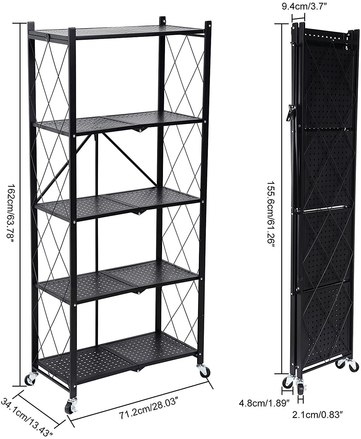 5-Tier Heavy Duty Foldable Metal Rack Storage Shelving Unit with Wheels Moving Easily Organizer Shelves Great for Garage Kitchen Holds up to 1250 lbs Capacity, Black