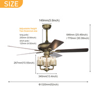 52inch Bronze Metal 3 Lights Ceiling Fan with 3 Wood Blades, Two-color Fan Blade, AC Motor, Remote Control, Reversible Airflow, Multi-Speed, Adjustable Height, Traditional Ceiling Fan