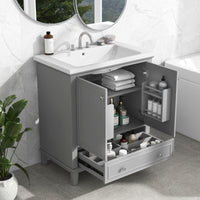 30" Bathroom Vanity with Sink Combo, Multi-functional Bathroom Cabinet with Doors and Drawer, Solid Frame and MDF Board, Grey