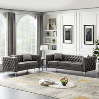 59.4 Inch Wide Grey Velvet Sofa with Jeweled Buttons, Square Arm , 2 Pillow