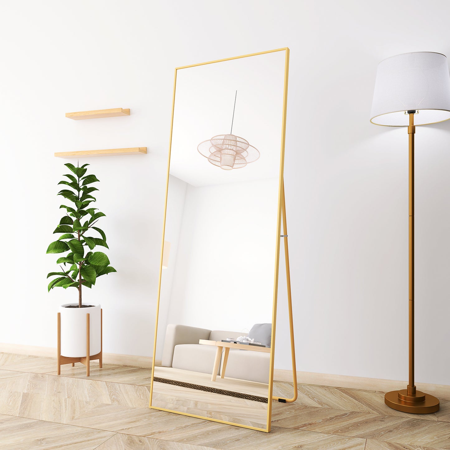 65" x 24" Full Length Mirror Hanging Standing or Leaning, Bedroom Mirror Floor Mirror Wall-Mounted Mirror with Alloy Frame, Gold