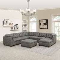 Living Room Furniture Antique Grey Modular Sectional 9pc Set Breathable Leatherette Tufted Couch 3x Corner Wedge 4x Armless Chairs and 2x Ottoman