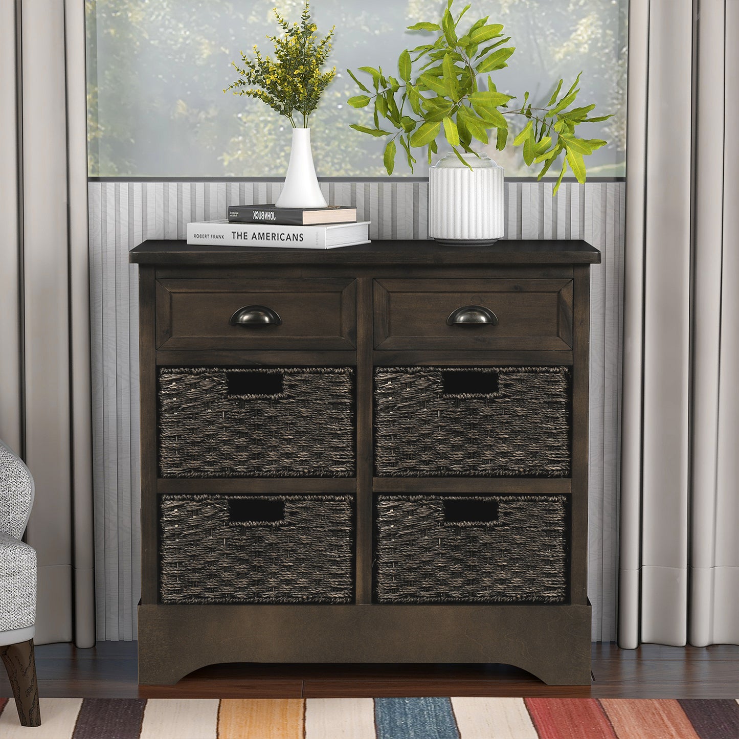 Rustic Storage Cabinet with Two Drawers and Four Classic Rattan Basket for Dining Room/Living Room (Brown Gray)