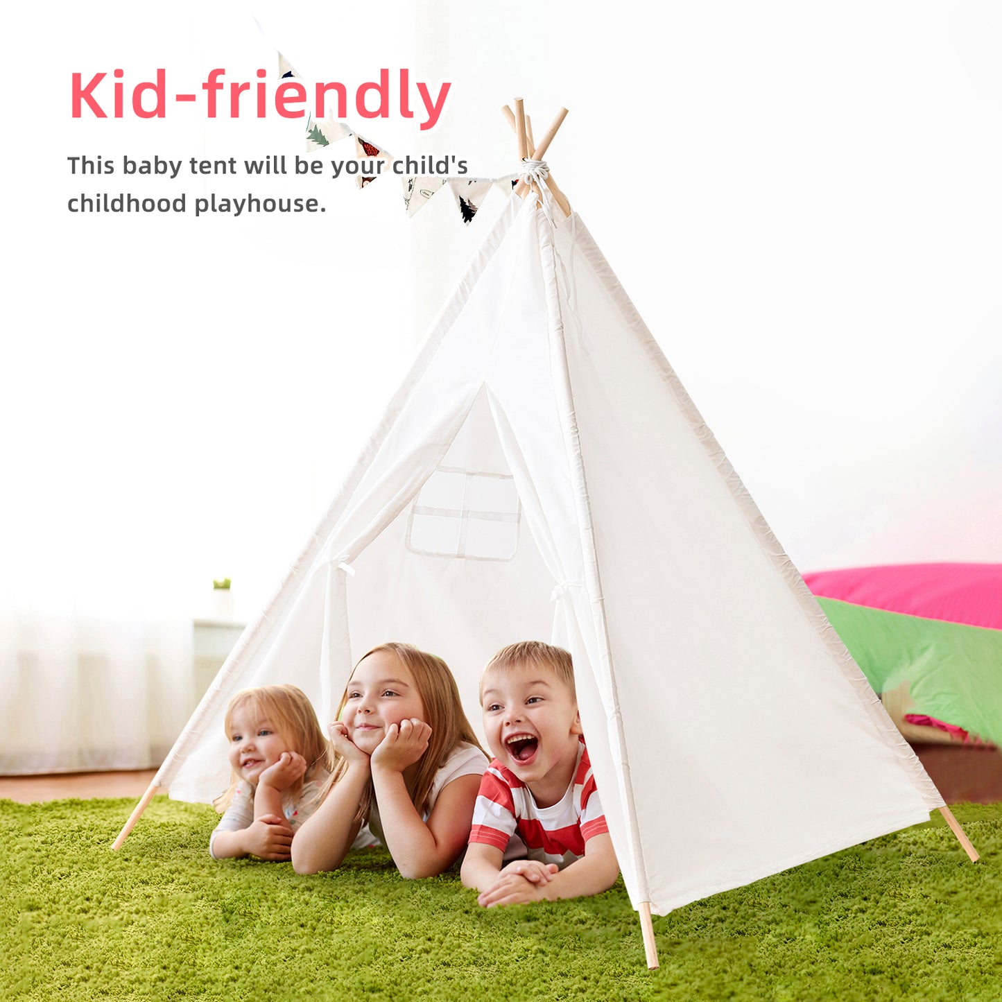 Kids Tent Natural Cotton Canvas Stable Framework Indoor Outdoor Safe Playing House Toys for Boy Girl