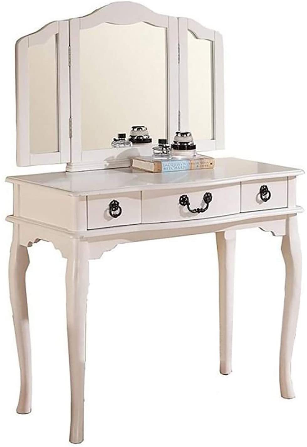 Bedroom Vanity Set w Foldable Mirror Stool Drawers White Color Vintage Classic Furniture MDF Rubber wood