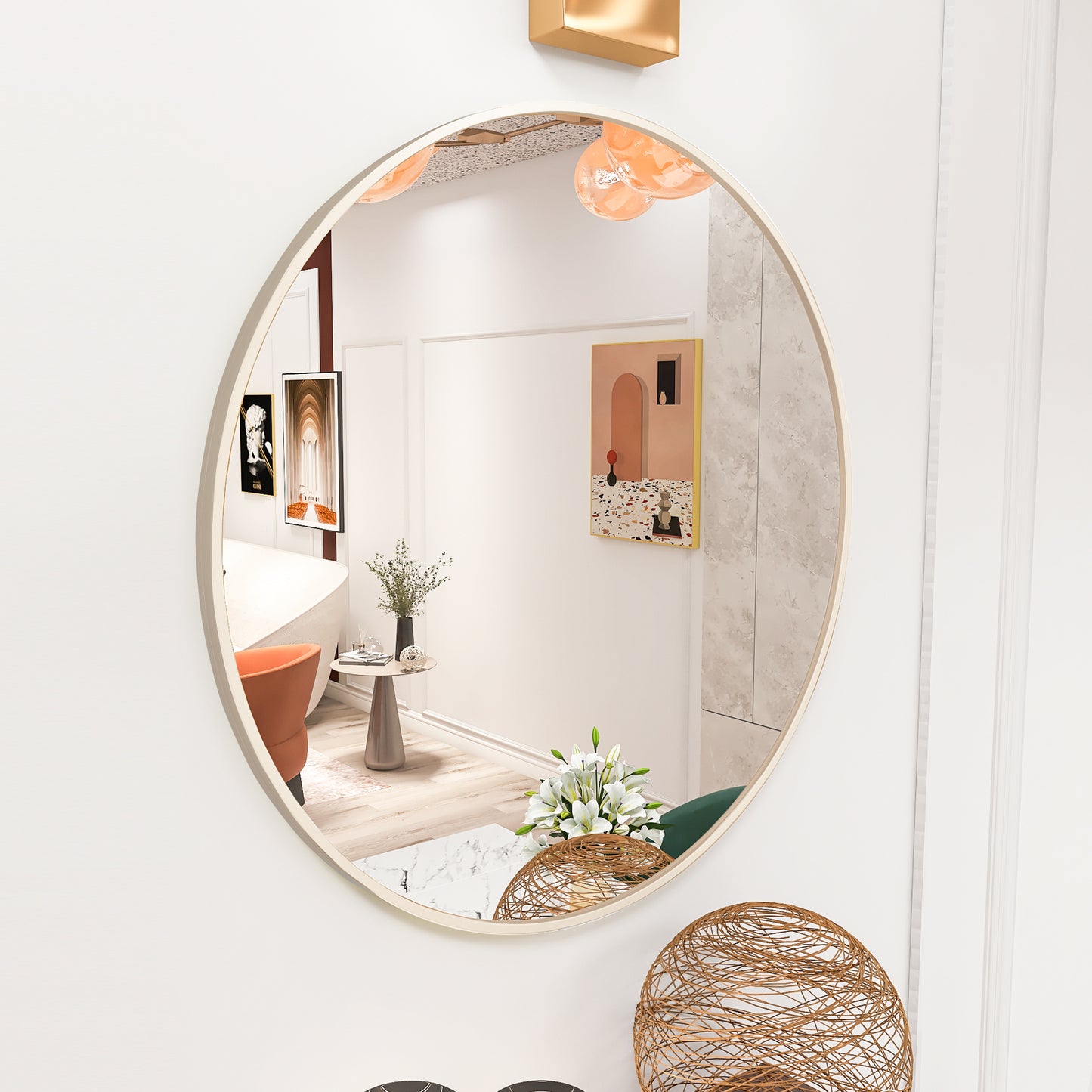 Matte Gold Wall Mirror 20” Round Mirror Metal Framed Mirror Circle Wall-Mounted Mirror, Circular Mirror for Bathroom Wall Decor Living Room