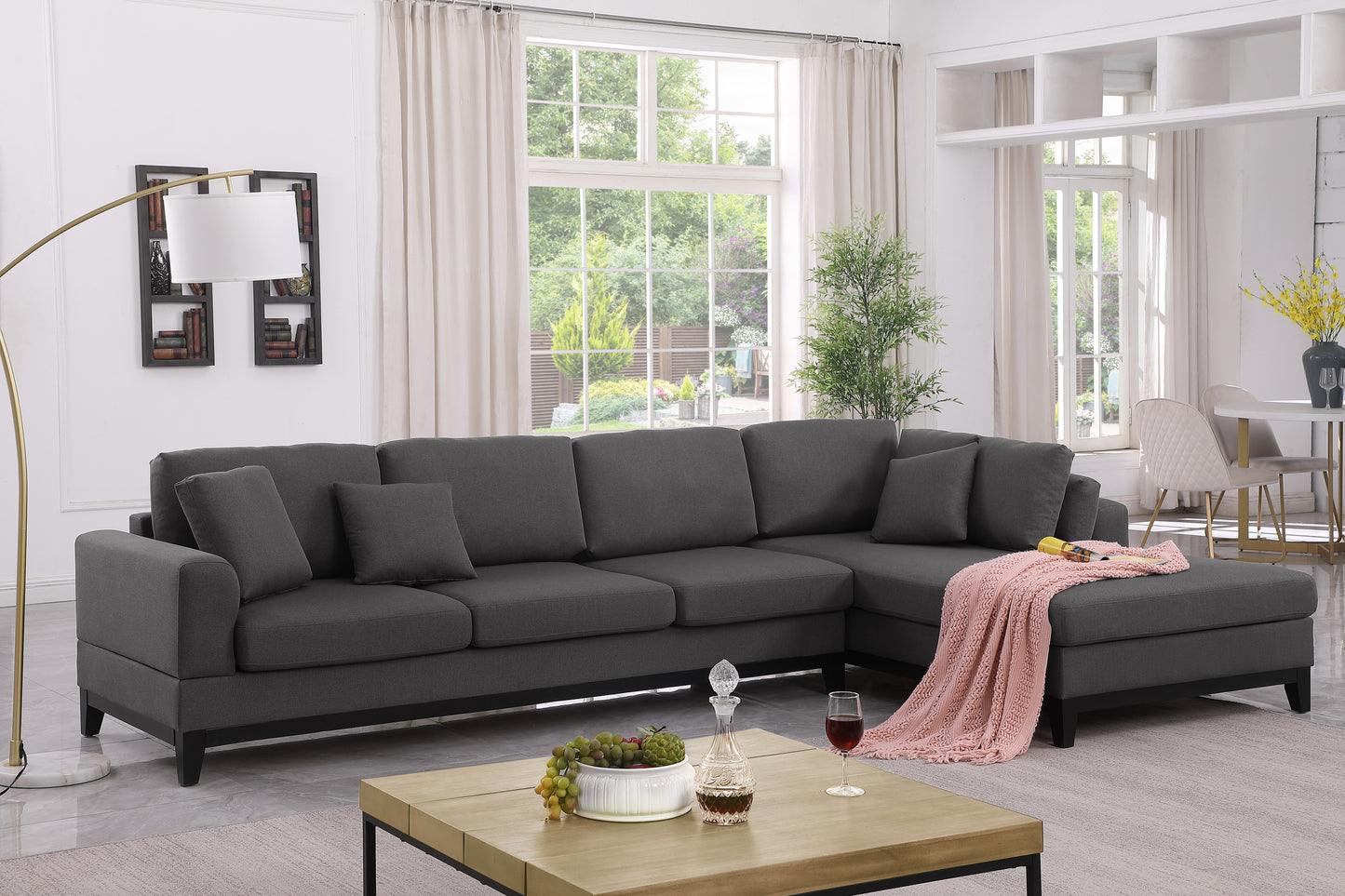 Redford Dark Gray Linen Fabric Sectional Sofa with Right Facing Chaise