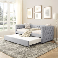 Daybed with Trundle Upholstered Tufted Sofa Bed with Button and Copper Nail on Square Arms, Twin Size, Grey (85“x42.5”x31.5“)